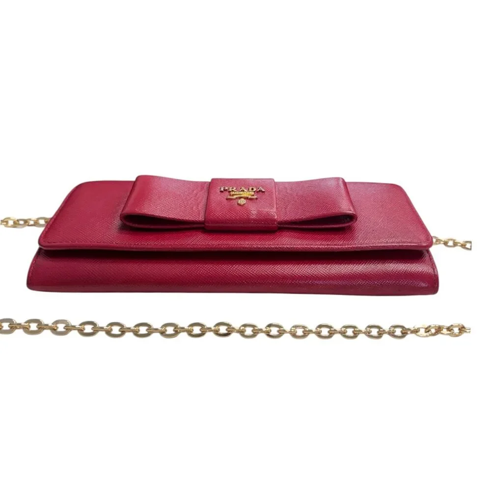 PRADA Magenta Saffiano Leather Bow Wallet with added Chain - Picture 6 of 9